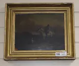 Horse rider and dog in a stormy landscape by J. Freeman, oil on panel, sold Jun 2020