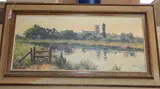 Church viewed from a river bank by Ernest Knight, oil on canvas board, sold Jun 2020