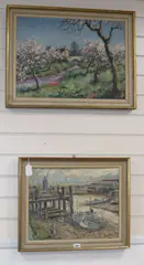 Stream beside an orchard and a dockyard scene by Ernest Knight, oil, sold Jun 2020