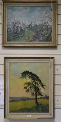 Apple Blossom and pine tree in a landscape by Ernest Knight, oil, sold Jun 2020