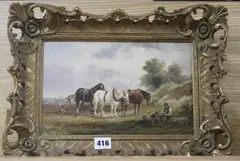 Plough horses at rest by Henry Earp Snr, oil on panel, sold Jun 2020
