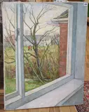 Dog walkers viewed from the window by Robin Mackertich, oil on canvas, sold May 2020