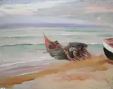 Fishermen putting out to sea by Adrien Dupagne, 1939, oil on canvas, offered May 2020