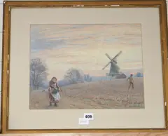 Rustic scene at sunset by Edward Penstone, 1891, watercolour, offered May 2020