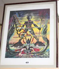 Figure praying the Colosus of Rhodes by HAP Grieshaber, gouache on paper, sold May 2020