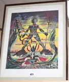 Figure praying the Colosus of Rhodes by HAP Grieshaber, gouache on paper, sold May 2020