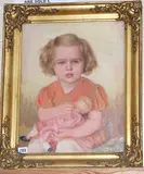 Portrait of a child holding a doll by Josef Ženíšek, 1937, oil on canvas, sold Apr 2020