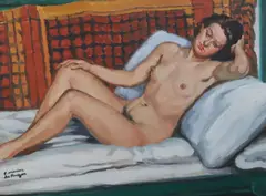 Reclining female nude by Francois Marius De Buzon, oil on canvas, sold Apr 2020