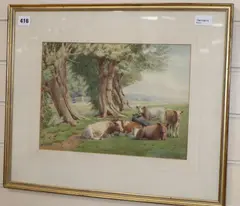 Cattle and trees in a landscape by William Sidney Cooper, 1915, watercolour, sold Mar 2020