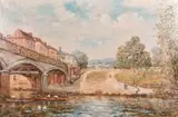 Figures rowing beneath a bridge with a village and pathway beyond by John Maris, oil on canvas, offered May 2021