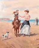 Mother and child along with a donkey on a beach by Charles Parker, oil on canvas, sold May 2021