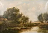 Dutch, figures by a riverbank with cattle in a distant landscape by Joseph Thors, oil on canvas, offered May 2021