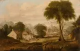 British, The village f te with an artist in the foreground and a castle beyond by Abel Hold, oil on canvas, offered May 2021