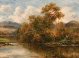 British, figures by a river with hills beyond by Carl Brennir, oil on canvas, sold May 2021