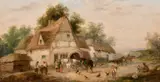 British, A pair of scenes of figures and horses in village settings by Georgina Lara, oil on canvas, sold May 2021