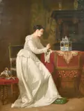Belgian, An elegant lady in a lavish interior Gazing at a caged bird by J. Berlin, oil, offered May 2021