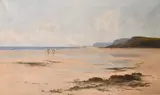 British, figures on a sandy cove with fishing boats and rocky headland beyond by Joseph Vickers de Ville, 1892, oil on canvas, offered May 2021