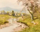 Hungarian, A lady and geese beneath a tree in full blossom by Lazlo Neogrady, oil on canvas, sold May 2021