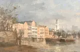British, A Thames View with moored barges in the foreground by Roy Perry, oil on board, sold May 2021