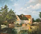 Hambleden Mill, A scene of boats on a river before mill buildings by Betty Raphael, oil on canvas, offered May 2021