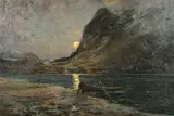 British, figures launching a rowing boat on a mountain lake, under moonlight by W. Scott Hudson, oil on canvas, sold May 2021