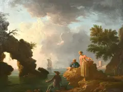 French, Figures by an Italian lagoon with vessels and a town beyond by Joseph Vernet, oil on canvas, sold May 2021