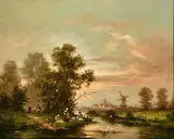 A Washerwoman by a riverbank with a windmill and cathedral beyond by Gudron Sibbons, oil on canvas, sold May 2021