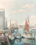 Danish, fishing boats moored on a quay with a city beyond, probably Copenhagen by Robert Panitzsch, oil on canvas, sold May 2021