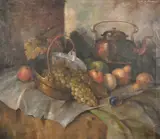 Danish, A still life of mixed fruit and copper on a tabletop by Carl Holger Fischer, oil on canvas, offered May 2021
