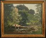 British, A scene of two bathers in a woodland pool by Cyril James Frost, oil on canvas, offered May 2021