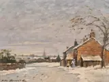 British, figures walking in the snow at dusk with a church beyond by John Hammond Harwood, oil on canvas, sold May 2021