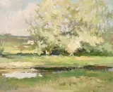 French, A river landscape with trees and cottages beyond by Jean-Pierre Ferrand, oil on canvas, offered May 2021