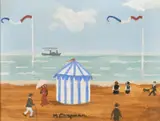 British, Figures on a French beach with a paddle steam ship beyond by Margaret Chapman, oil on board, offered May 2021