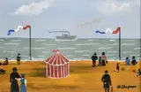 British, Figures on a French beach with a paddle steam ship beyond by Margaret Chapman, oil on board, offered May 2021