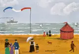 British, Figures on a French beach with a paddle steam ship beyond by Margaret Chapman, oil on board, offered May 2021
