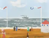 British, Figures on a French beach with a paddle steam ship beyond by Margaret Chapman, oil on board, offered May 2021