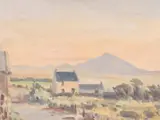 British, A view of a cottage at sunset with mountains beyond by Hugh Boycott-Brown, oil on board, sold May 2021