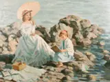 Female figures on a rocky cove, one with a parasol by D. Adams, oil on canvas, offered May 2021