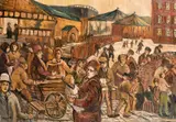 British, Figures at a busy street market with a bridge beyond by Derek Higginson, oil on canvas, offered May 2021