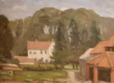 British, A pathway through farm buildings by John Brown, oil on board, sold May 2021