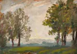 British, A scene of a changing sky as seen through trees by John Brown, oil on board, sold May 2021