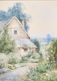 A Cottage Garden, Bedfordshire' a study of a thatched cottage with a blooming garden by Theresa S. Stannard, watercolour, offered May 2021