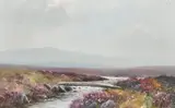 British, A landscape with a stream running through heathery moorland and hills beyond by H.W. Hicks, watercolour, offered May 2021