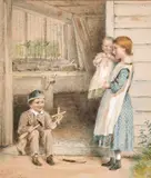 British, a scene of three young children outside a workshop by George Goodwin Kilburn, 1865, watercolour, sold May 2021
