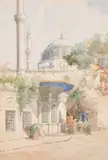 Polish, An Istanbul street scene with figures before towers by Joseph Pawlikiewicz, watercolour, offered May 2021