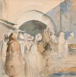 British, Figures outside a North African mosque by Hercules Brabazon Brabazon, watercolour, sold May 2021
