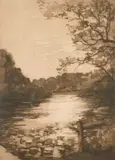 British, Pembroke Castle and another of hilly ponds, etchings by Daisy M Norrie, pencil, offered May 2021