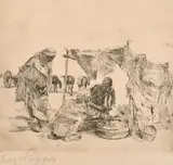 German, A North African scene of wayfarers buying provisions by Erich Wolfsfield, etching, offered May 2021