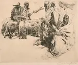 German, A North African scene of figures bartering livestock by Erich Wolfsfield, etching, sold May 2021