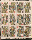 Swiss, A wood block print of playing cards, the Jack, Queen and King by Richard Gerbig, print, sold May 2021
